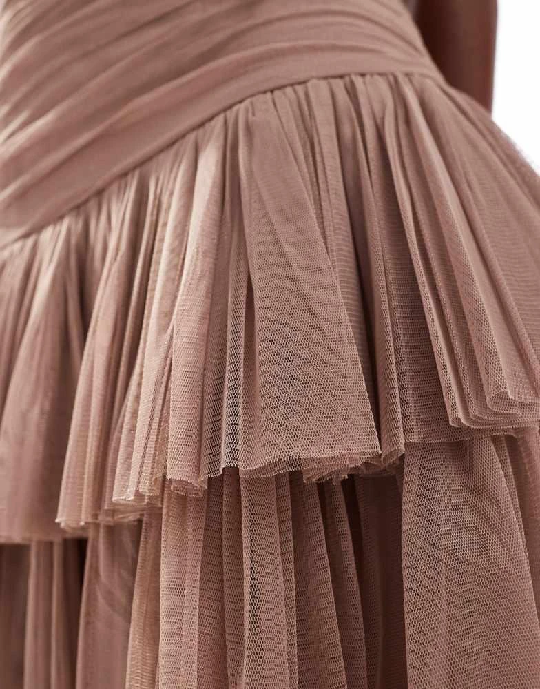 Lace & Beads Lace & Beads ruched bow shoulder tulle mini dress in rose brown 3