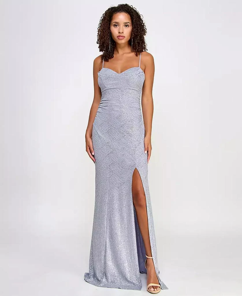 Emerald Sundae Juniors' Glitter Draped Front Gown - Silver - XL