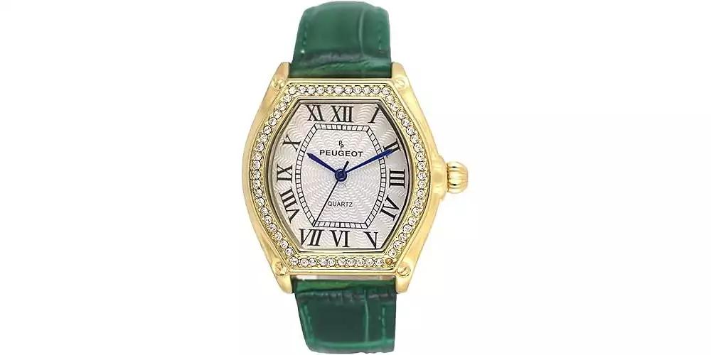 Peugeot Women's 36mm Green Watch Barrel Shaped Tank Case Leather Strap