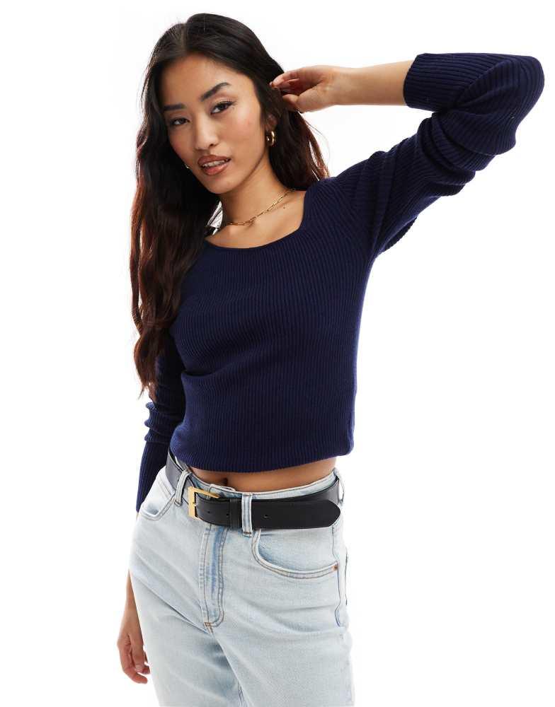 Y.A.S. YAS asymmetric neck long sleeve knitted top in navy - NAVY