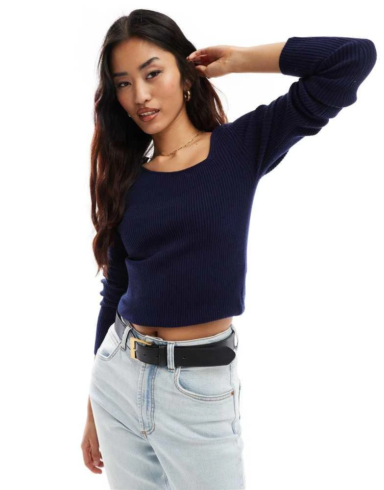 Y.A.S. YAS asymmetric neck long sleeve knitted top in navy - NAVY 1