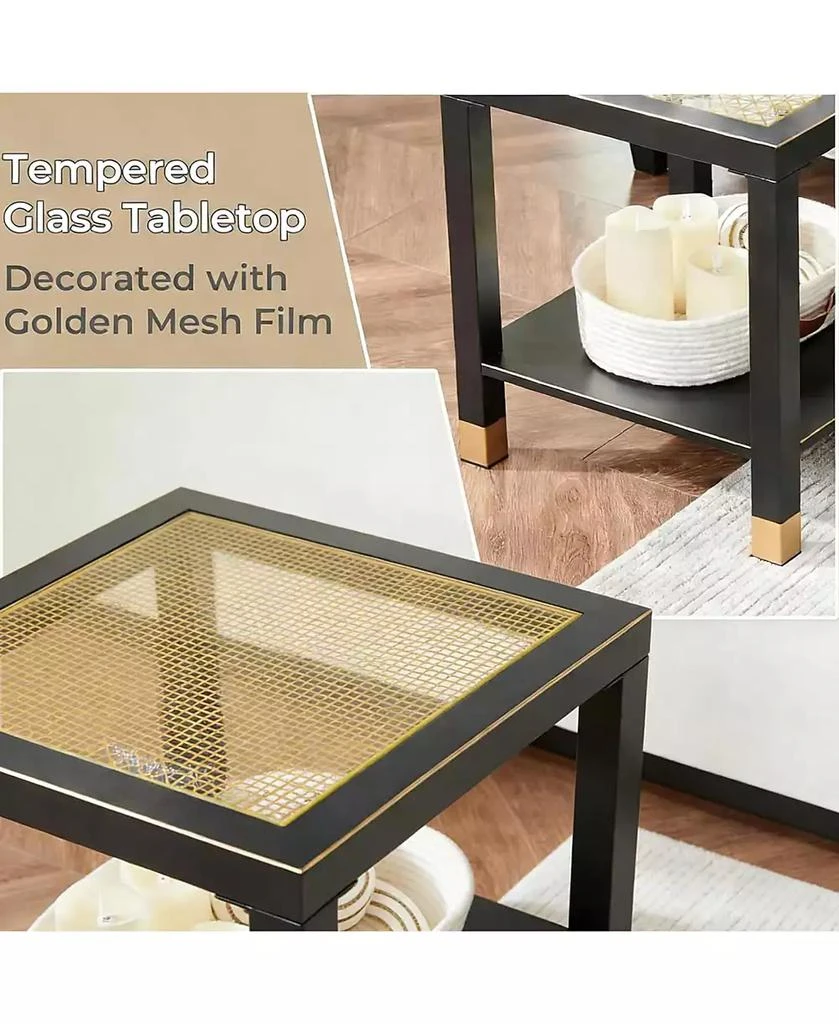 RAINSKEN Square Side Table - Modern 2-Tier Tempered Glass End Table, Mesh Accent Bedside Table with Metal Frame for Bedroom, Living Room 3