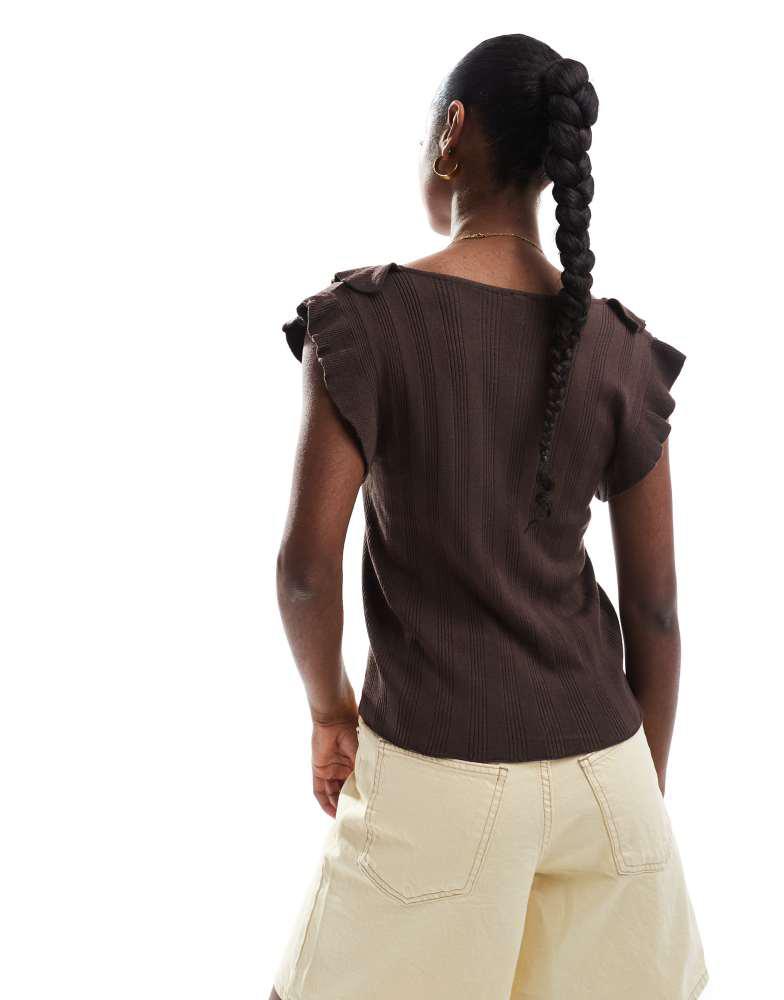 ONLY ONLY frill detail tie front top in chocolate brown