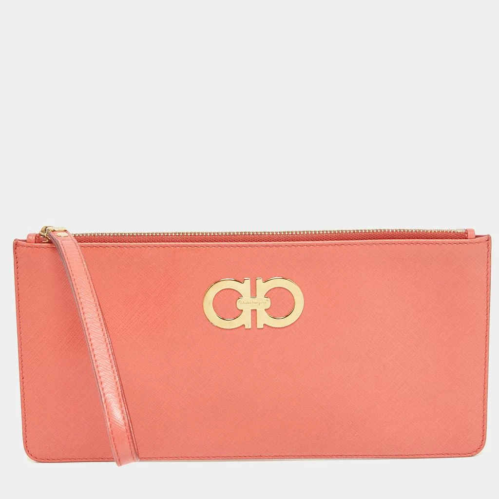 Salvatore Ferragamo Salvatore Ferragamo Orange Leather Gancini Wristlet Clutch 1