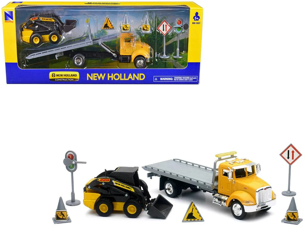 New Ray Peterbilt Roll-Off Flatbed Truck Yellow and New Holland L228 Skid Steer Yellow with Road Signs "New Holland Construction" Series 1/43 Diecast Model by 1