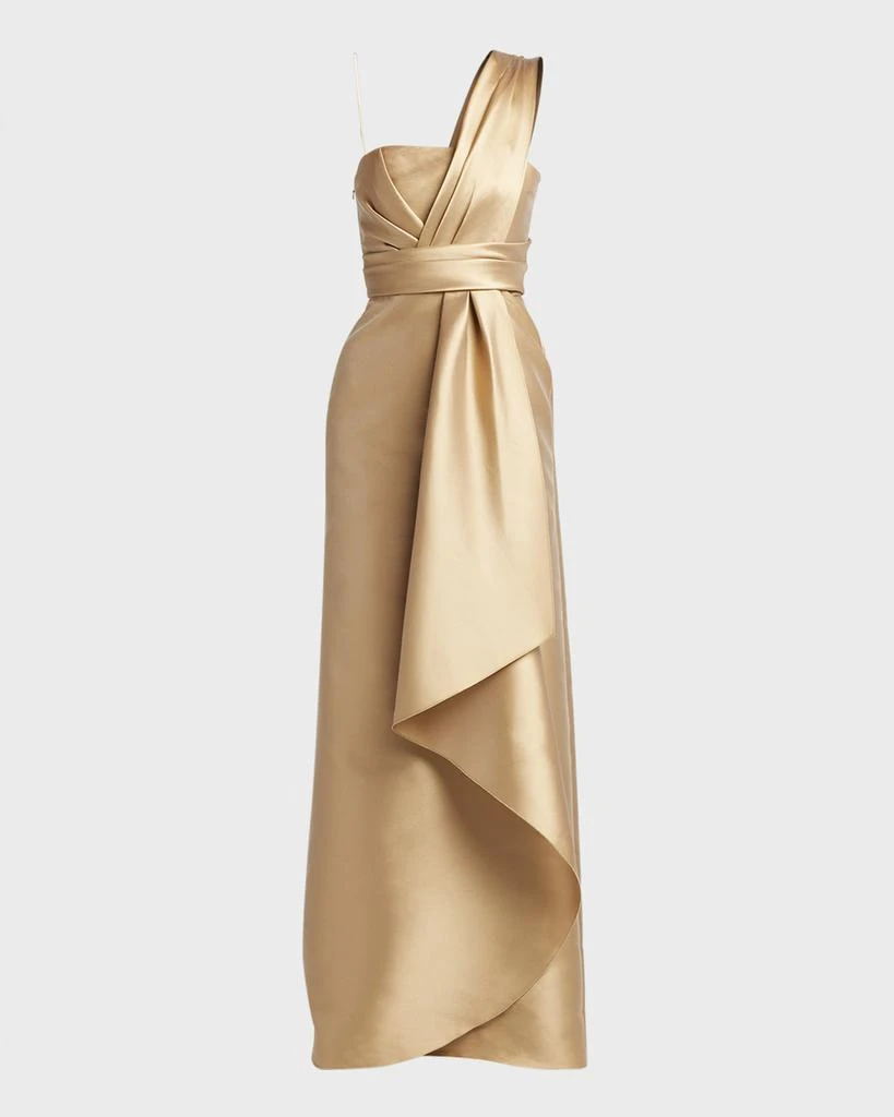 Alberta Ferretti Pleated Drape One-Shoulder Satin Gown 1