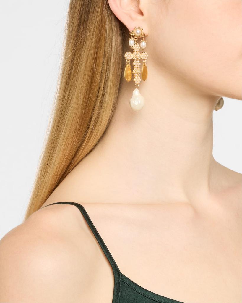 Devon Leigh White Pearl Gold Leaf Cross Post Earrings