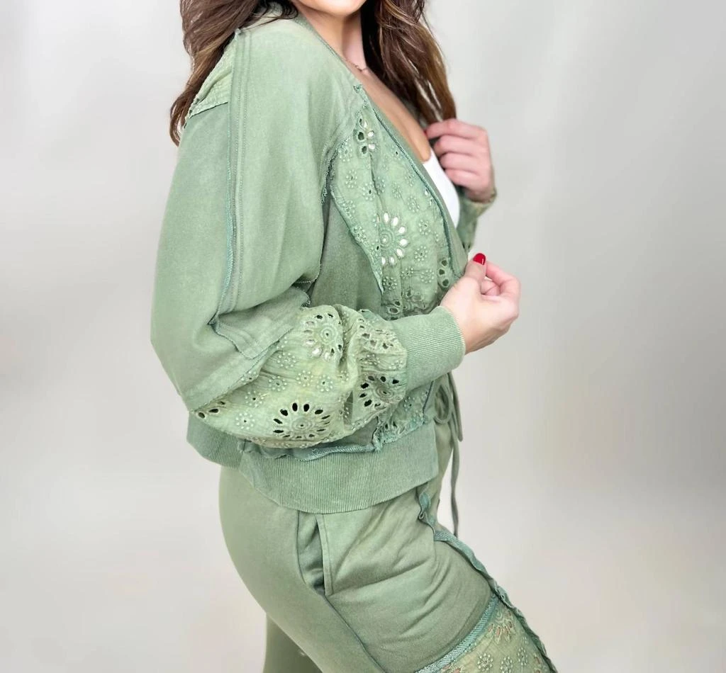 Oddi Washed Lace Trim Cardigan In Green 2