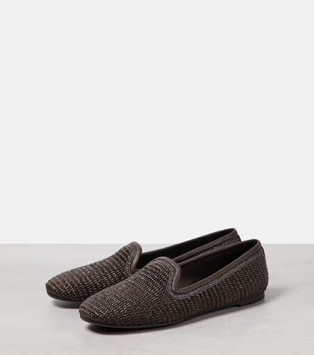 Brunello Cucinelli Leather-trimmed raffia slippers 4