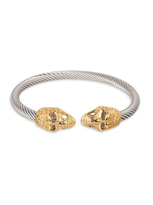 Eye Candy LA Double Head Goldtone & Silvertone Titanium Skull Cuff Bracelet