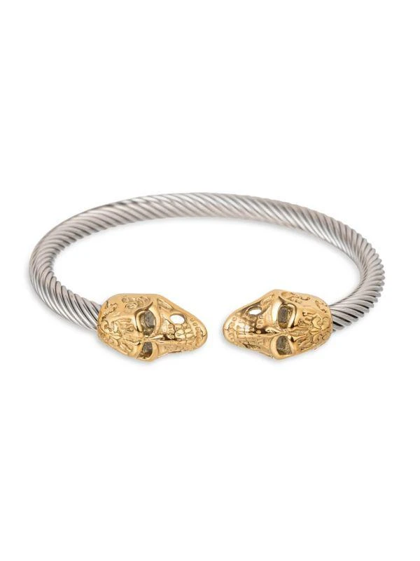 Eye Candy LA Double Head Goldtone & Silvertone Titanium Skull Cuff Bracelet 1