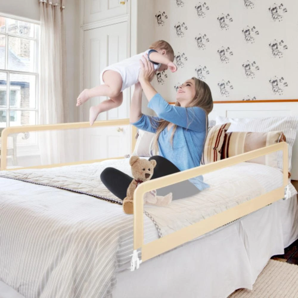 Hivvago 59 Inch Folding Breathable Baby Bed Rail Guard with Safety Strap-Beige 2