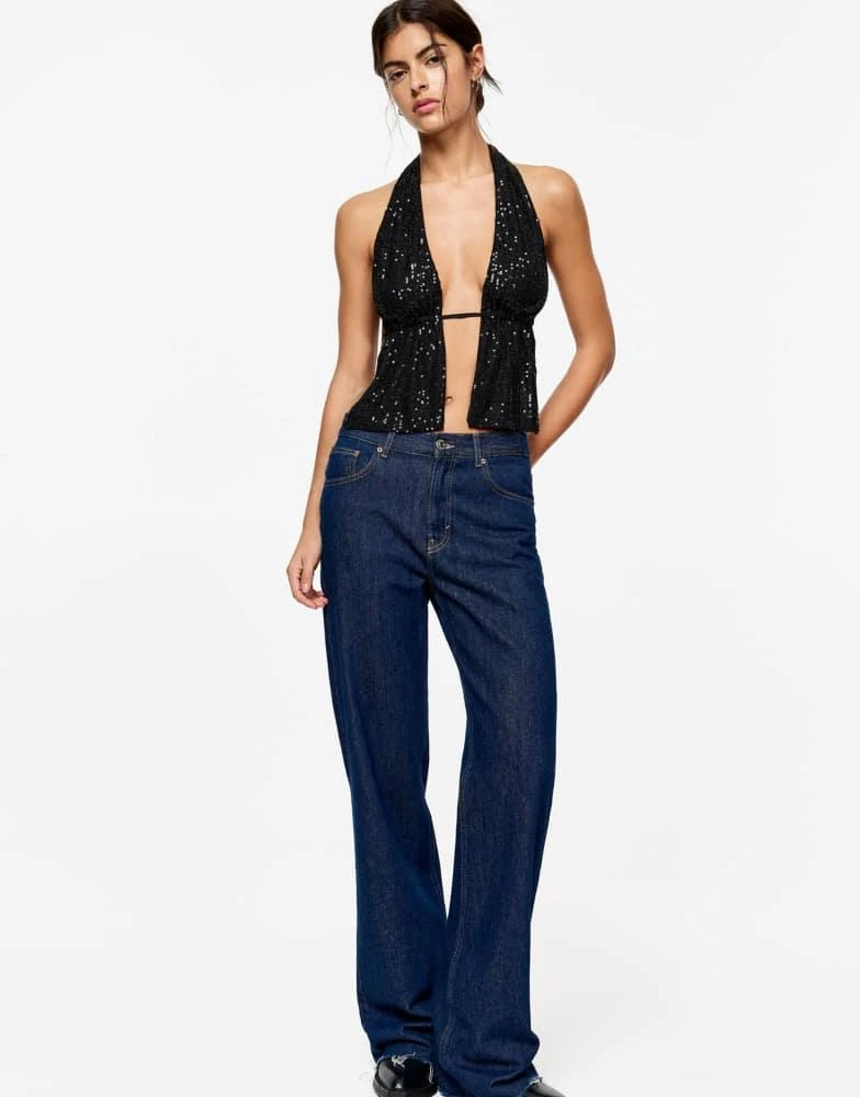 Pull&Bear Pull&Bear sequin halterneck top in black 4
