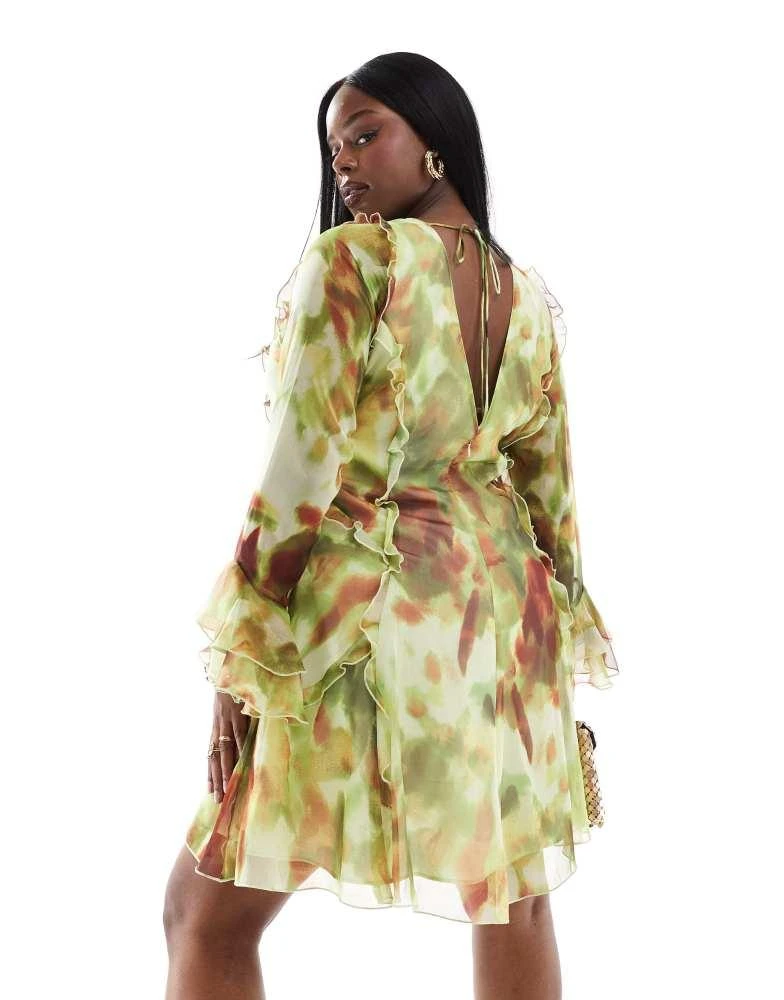 Shop ASOS DESIGN Curve ruffle tie front plunge mini dress with frill  sleeves in green abstract print on Sale at BeyondStyle  Get 40% Off ASOS  DESIGN Curve ruffle tie front plunge