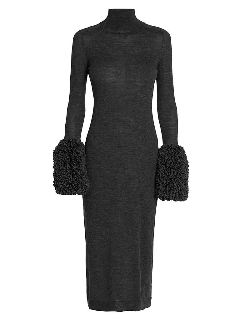 Alaïa Turtleneck Wool Fringe-Cuff Midi-Dress 1