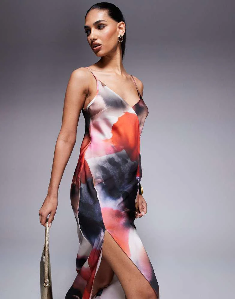 ASOS DESIGN satin v neck seam detail split midaxi dress in dark