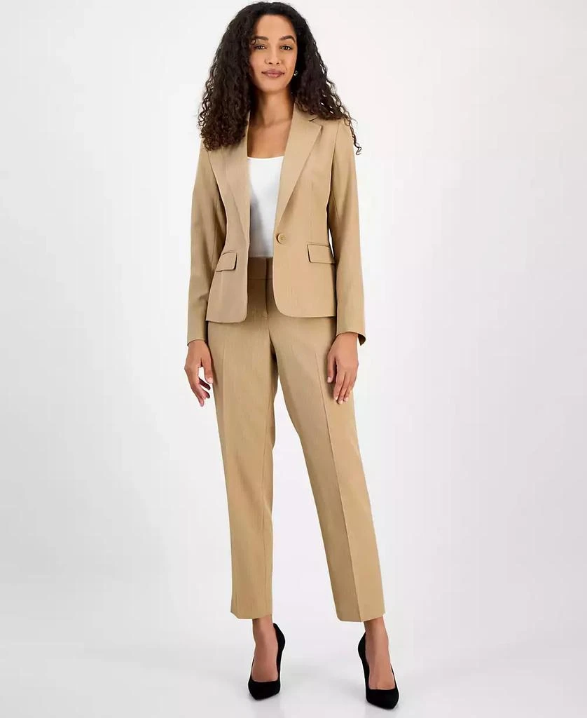 Le Suit Women
s Pinstriped Notch-Collar One-Button Jacket 
Straight-Leg Mid-Rise Pants Set, Regular 
Petite 3