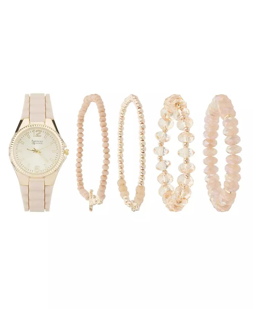 American Exchange Women's Beige Silicone Strap Analog Watch 35mm with Stackable Bracelets Gift Set 1
