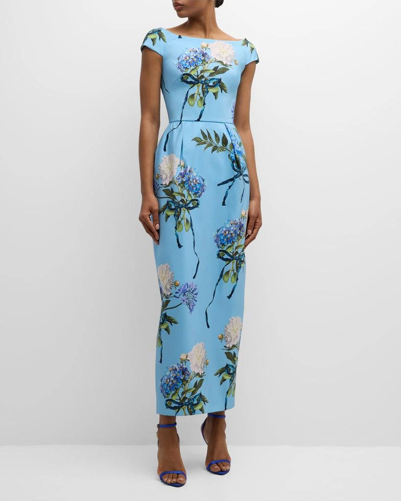 Monique Lhuillier Hydrangea-Print Cap-Sleeve Faille Column Gown 3