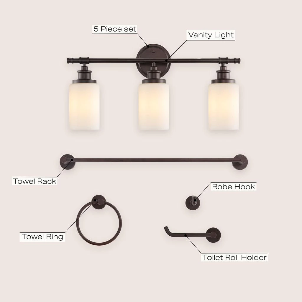 JONATHAN Y Egan 23.25" 3-Light Classic Cottage Vanity Light with Frosted Glass Shades and Bathroom Hardware Accessory Set, Oil Rubbed Bronze (5-Piece) 6