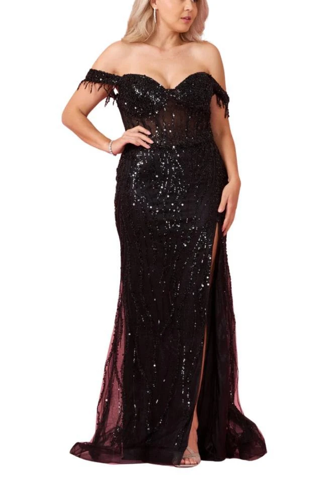 TRUEDAMES Fitted Off Shoulder Sequin Prom Formal Gown Dress