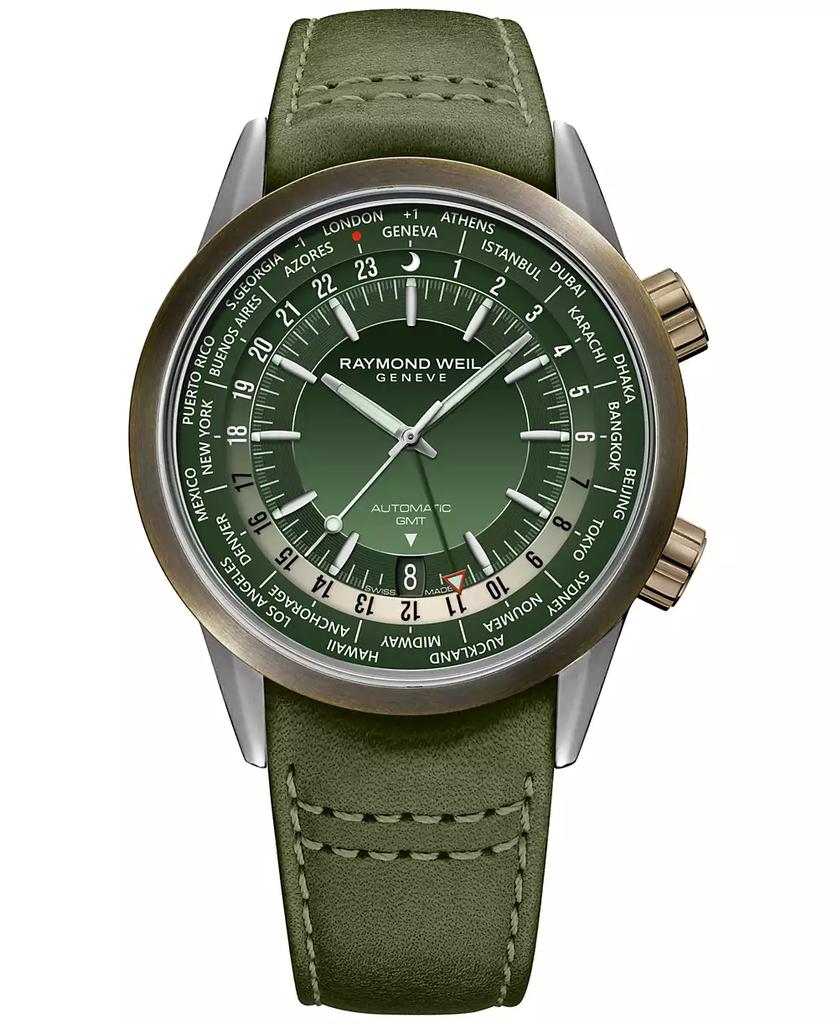 Raymond Weil Men's Swiss Automatic Freelancer GMT Green Leather Strap Watch 41mm