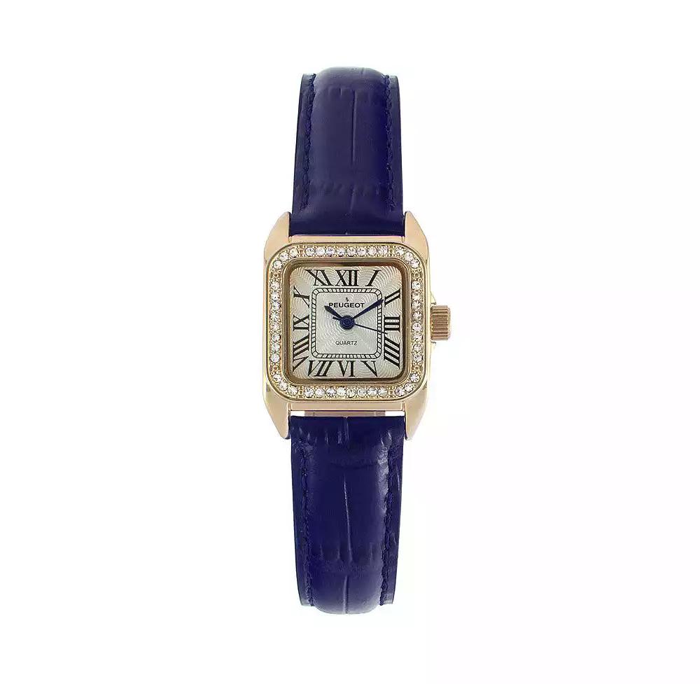 Peugeot Women's 34x24mm Tank Watch with Crystal Bezel Blue Leather Strap