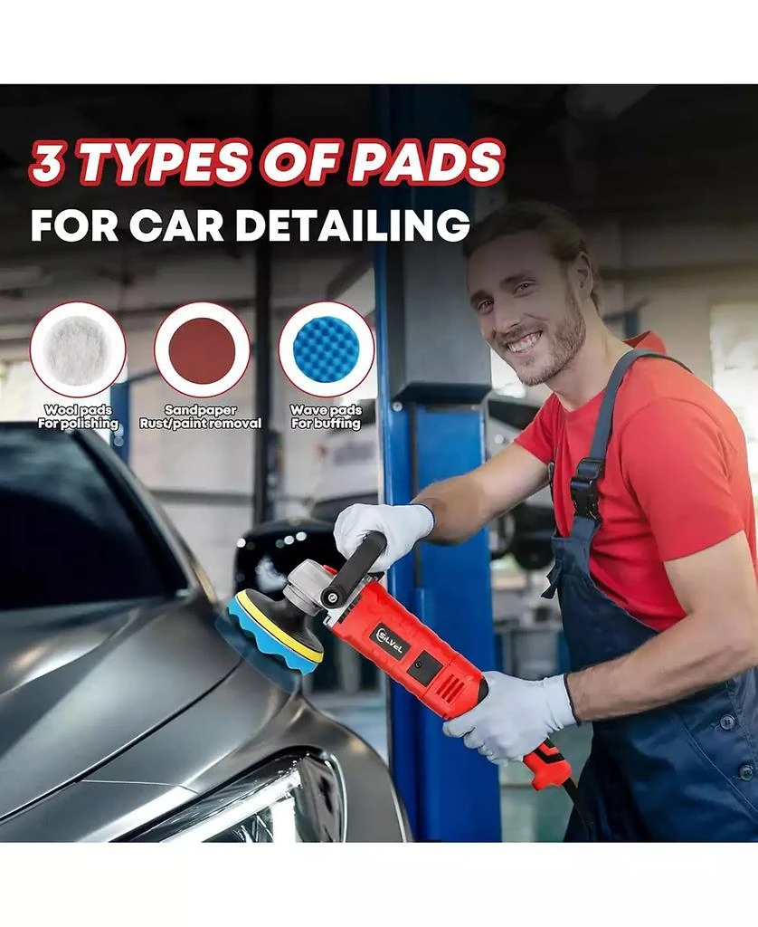 SILVEL Buffer Polisher, 1600W 7 Inch/6 Inch Polisher for Car Detailing, Wax Machine, 7 Variable Speed, with 6 Foam Pads, 3 Wool Pads, Packaging Bag, for Boat Polishing and Waxing 5