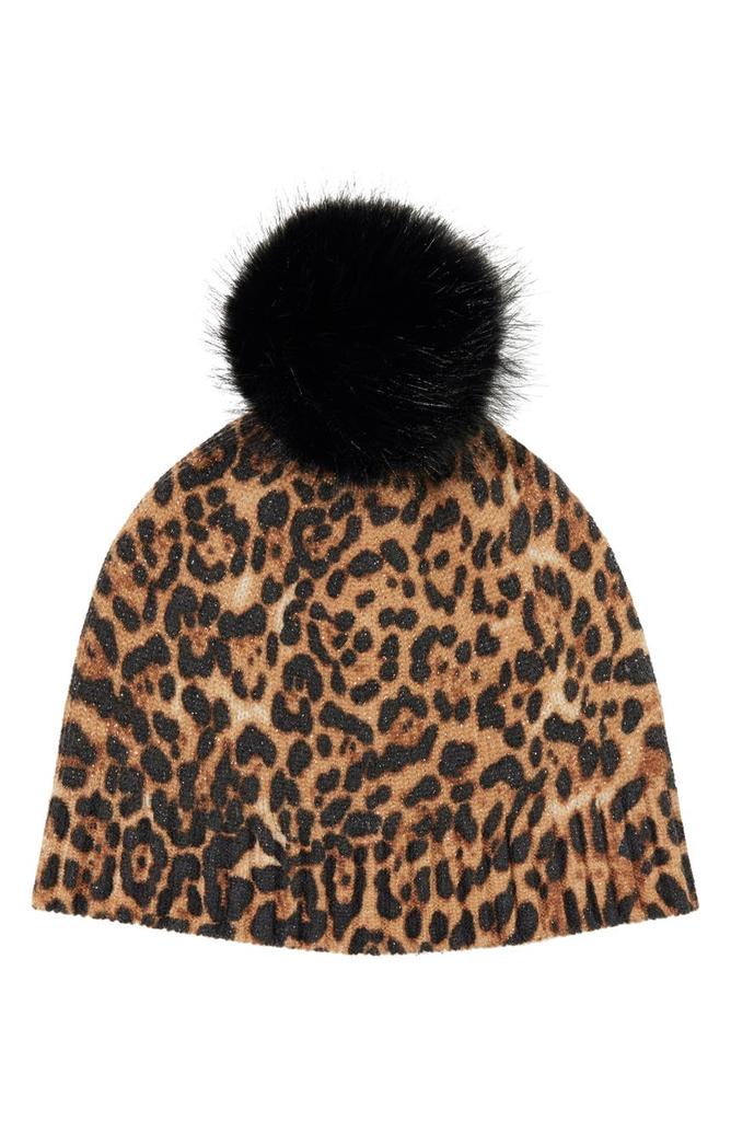 Sofia Cashmere Faux Fur Pom Cashmere Lurex Knit Beanie