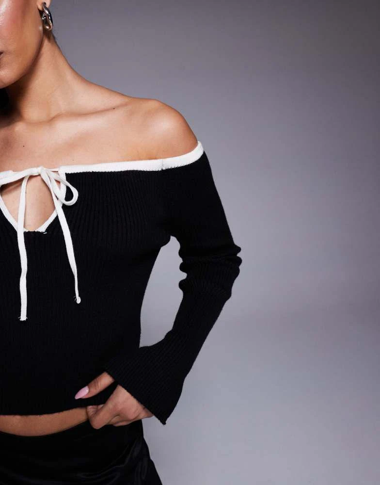 ASOS ASOS DESIGN knitted off shoulder bardot jumper with contrast trim in black 4