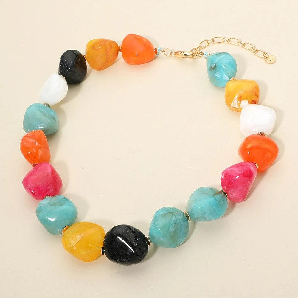 FASHNZFAB Chunky Marbled Resin Pebble Beaded Statement Necklace