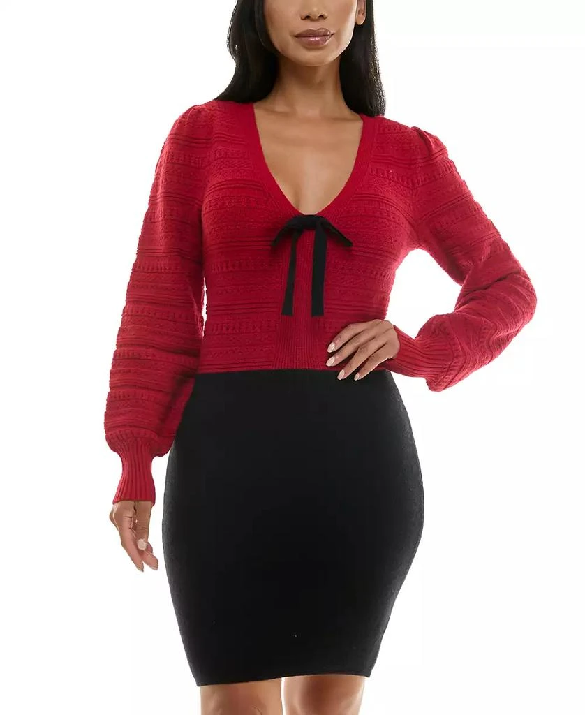 BCX Juniors' V-Neck Long-Sleeve Bow-Trim Sweater Dress 1