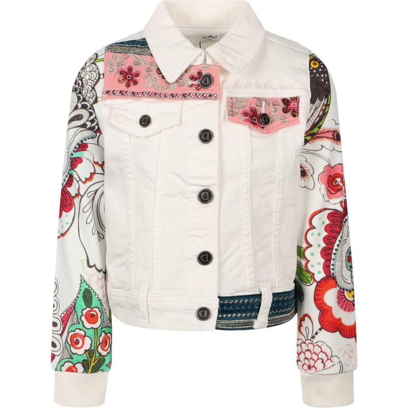 Desigual Floral detailing denim jacket and sequins and floral embroidery jeans set in white and blue