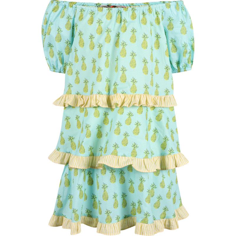 Devotion Tiered ruffles pineapples print cotton dress in light turquoise