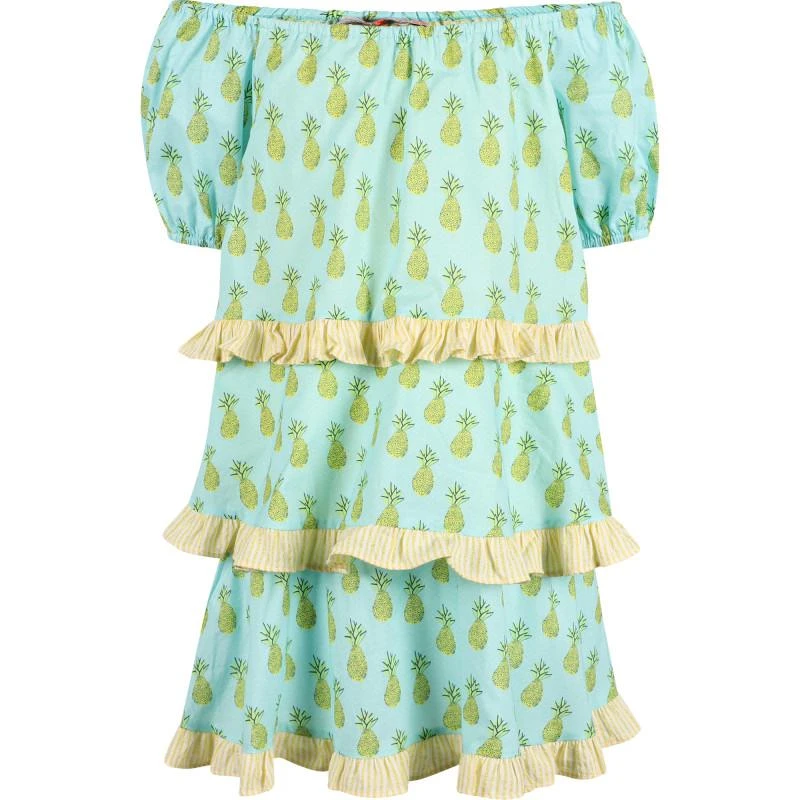 Devotion Tiered ruffles pineapples print cotton dress in light turquoise 1