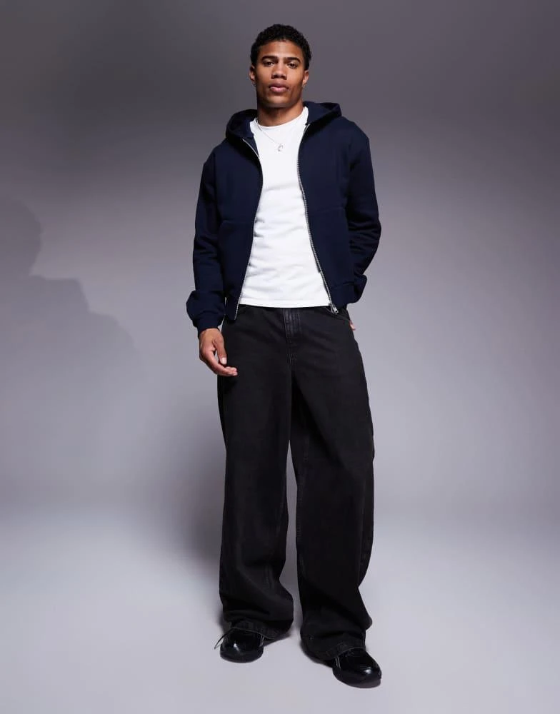ASOS ASOS DESIGN premium heavyweight boxy cropped zip through hoodie 400gsm in navy 2