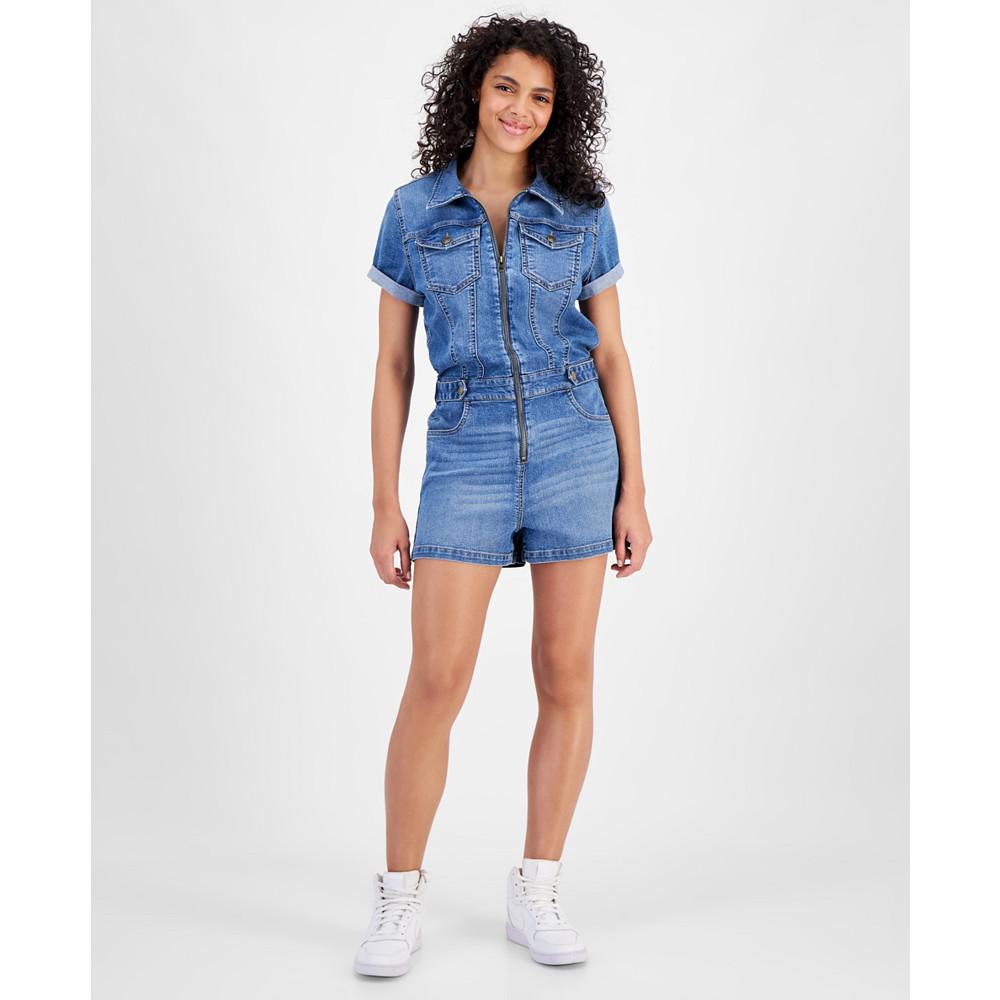 Celebrity Pink Women's Cinched-Waist Rolled-Sleeve Denim Romper