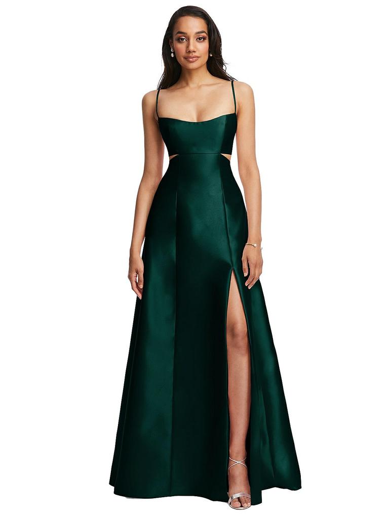 Alfred Sung Open Neckline Cutout Satin Twill A-Line Gown with Pockets