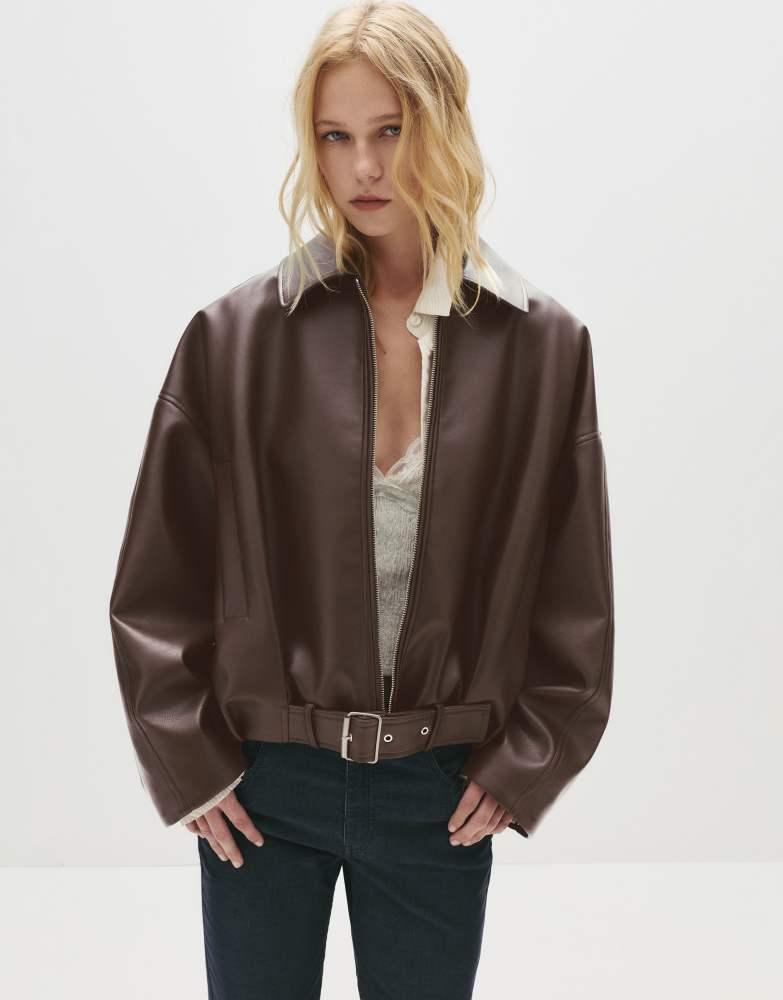 Pull&Bear Pull&Bear Leather effect balloon bomber jacket in