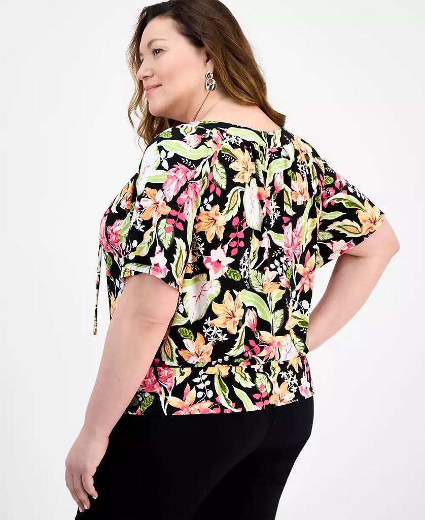 JM Collection Plus Size Printed Tie Split Neck Top, Exclusively at Macy's