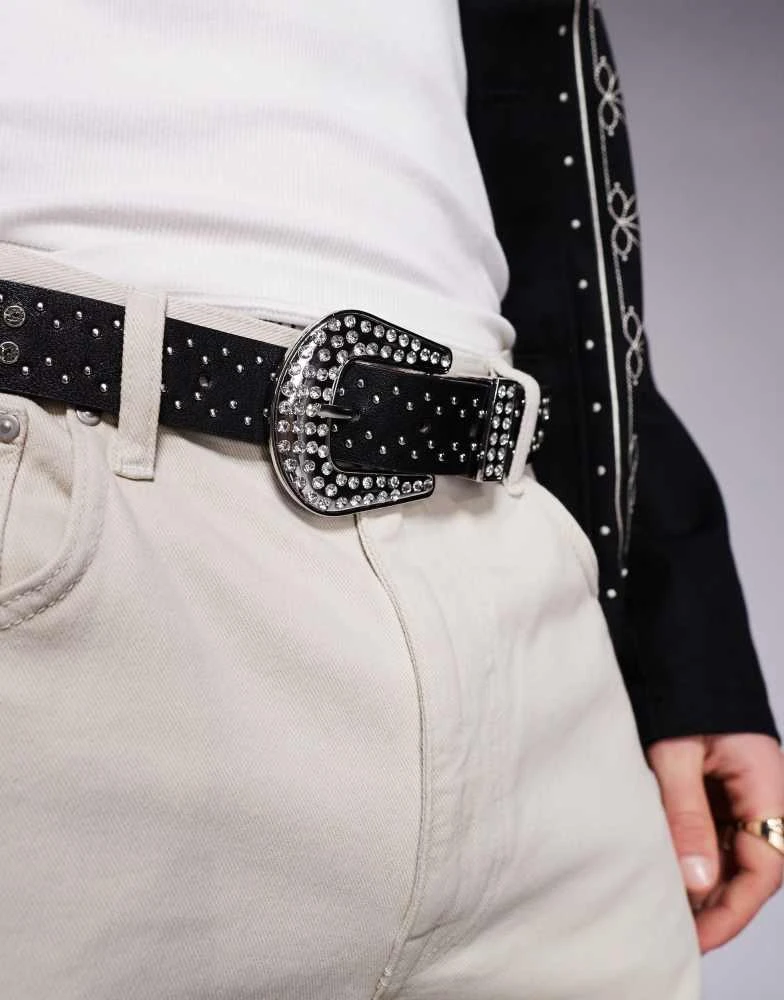 ASOS ASOS DESIGN western cowboy crystal studded belt in black faux leather 1