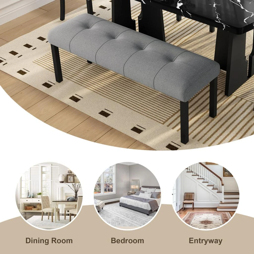 Streamdale Furniture Streamdale Modern Tufted Linen Dining Bench with Black Rubber Wood Legs, Gray 5