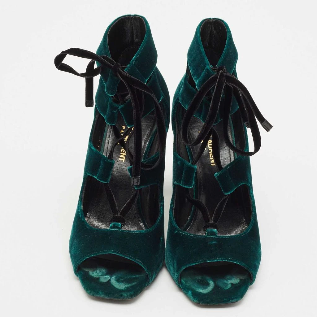 Yves Saint Laurent Saint Laurent Dark Green Velvet Loulou Open Toe Lace Up Block Heel Pumps Size 37.5 3