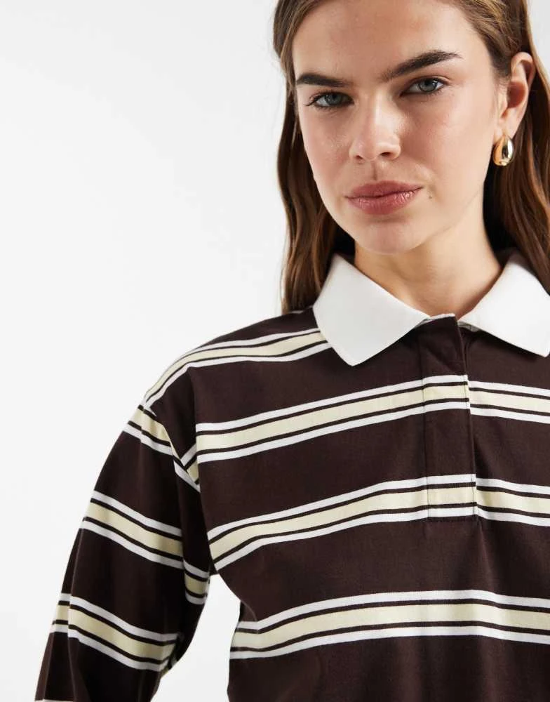 New Look New Look striped rugby polo top in brown 3