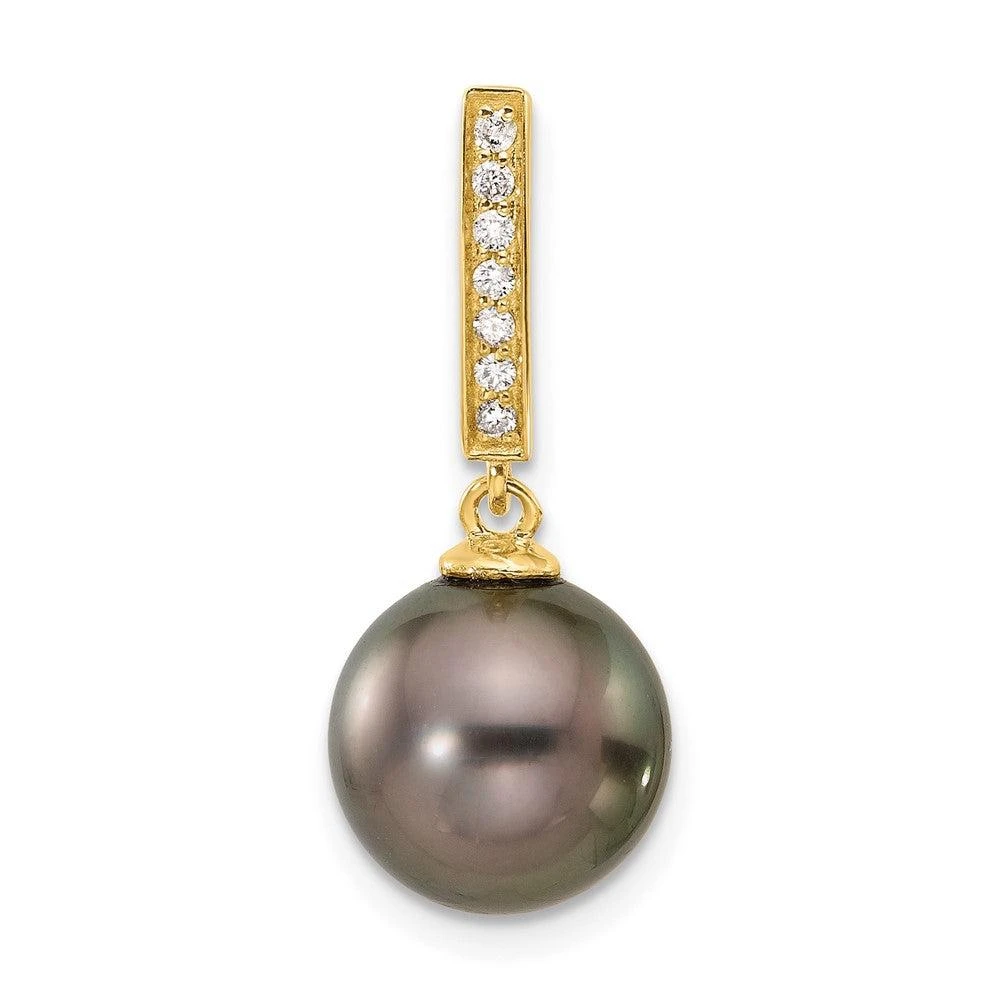 Diamond2Deal 14k Yellow Gold 10mm Black Tahitian Saltwater Cultured Pearl Diamond Chain Slide