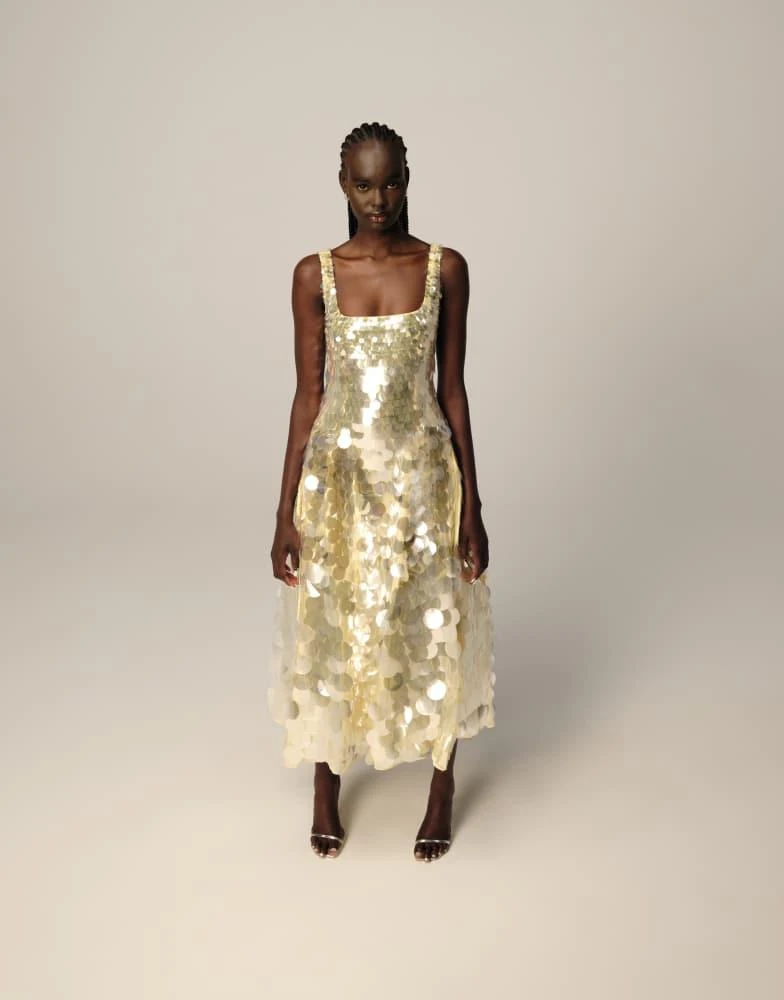 ARRANGE ARRANGE embellished disc sequin square neck full skirt midi dress in lemon 1
