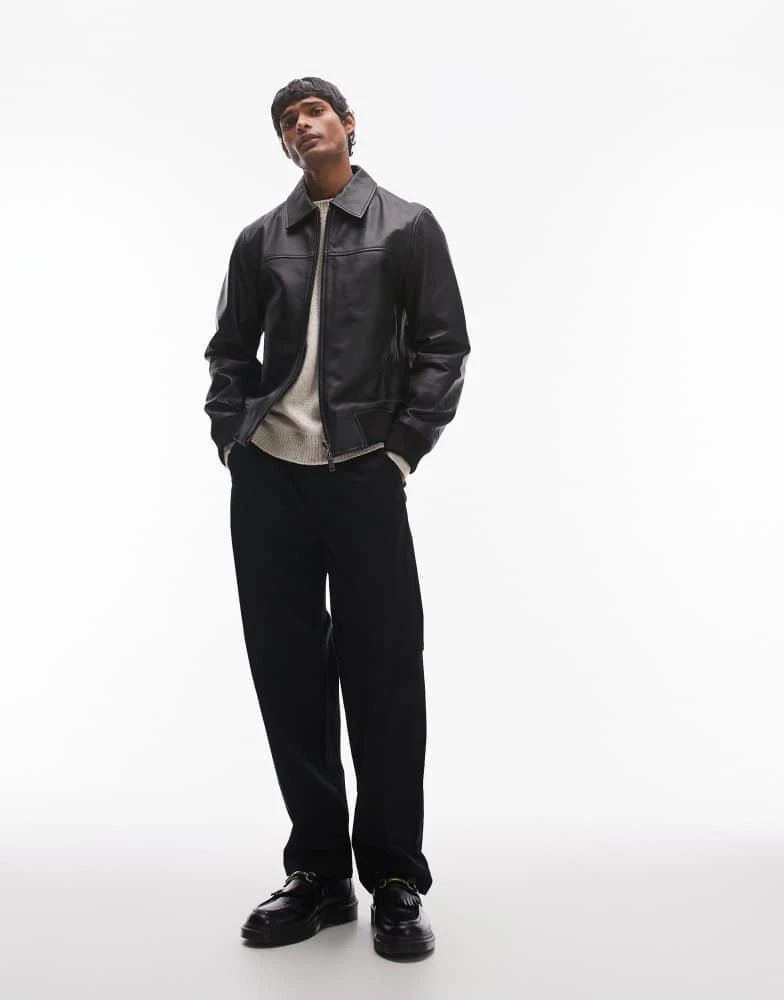 Selected Homme Selected Homme collar boxy leather jacket in black 2
