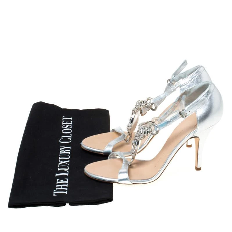 Giuseppe Zanotti Giuseppe Zanotti Metallic Silver Leather Crystal Embellished Open Toe Sandals Size 37.5 14