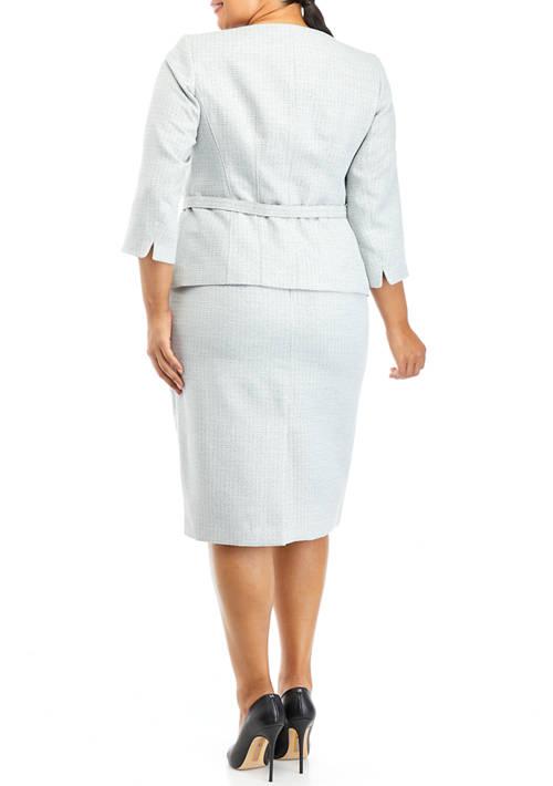 Le Suit Suit Womens Plus Size Belted Soft V Neck Jacket With Hidden Placet And Column Skirt With Slit Set