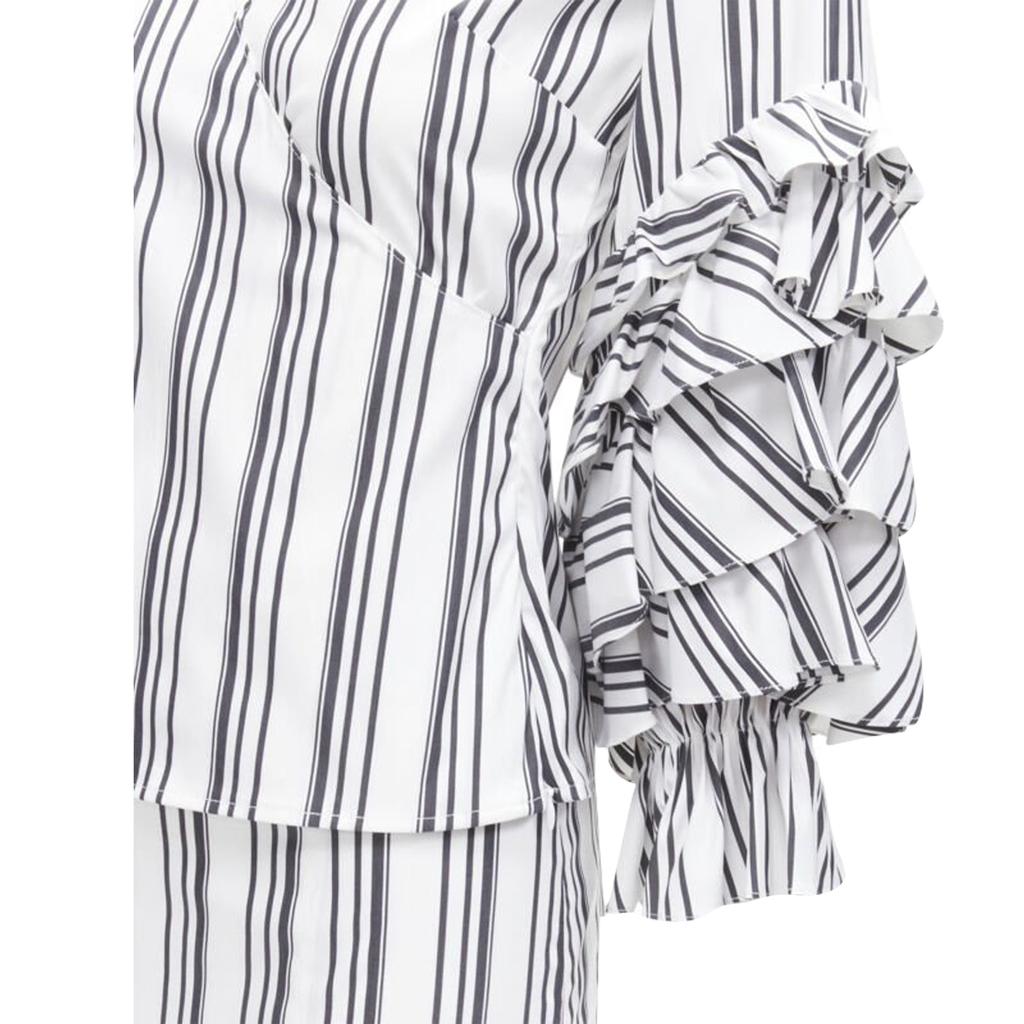 CAROLINE CONSTAS ruffled stripes wrap top high low skirt set